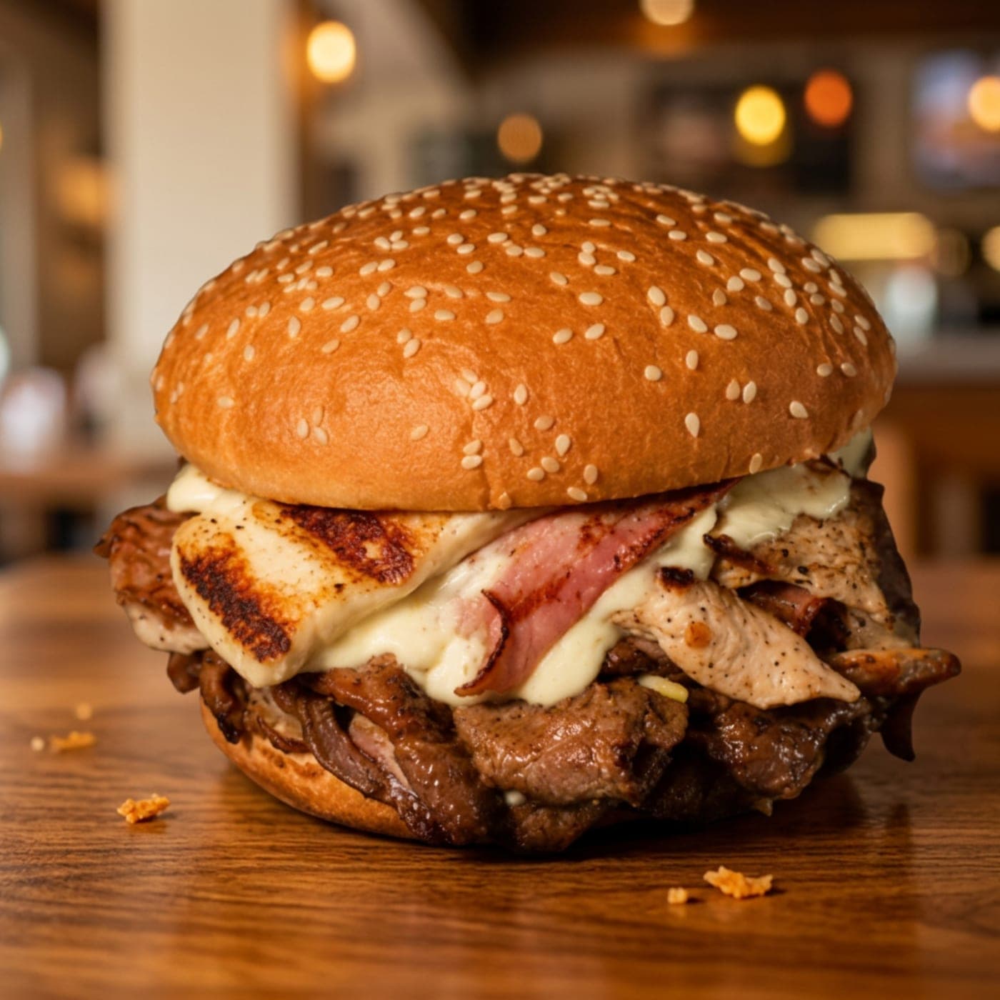 A loaded Galli Burger on the wooden table